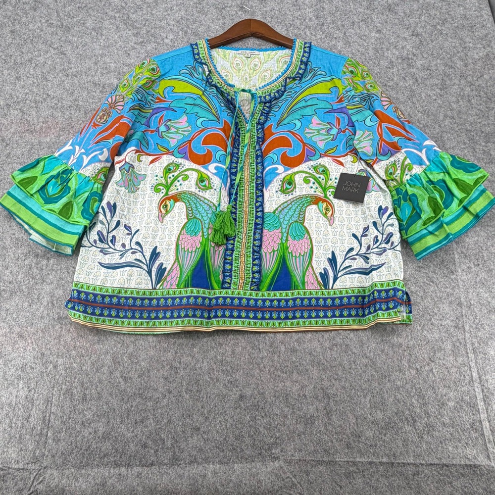 John Mark Womens Linen Peacock Print Tassel Tie Bell Sleeve Top XL J26441TM